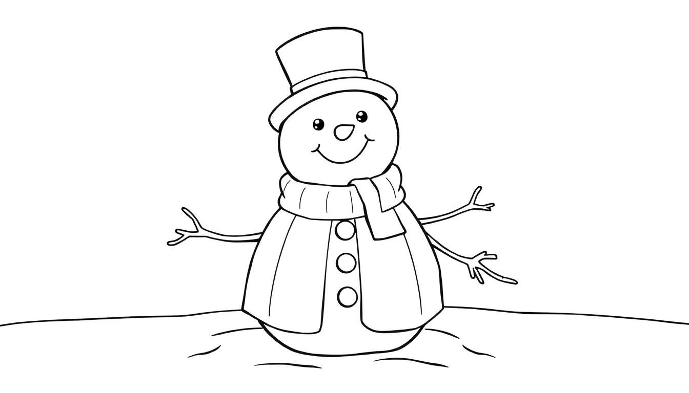 Bonhomme de neige joyeux avec un chapeau haut de forme et une écharpe, dessiné en traits noirs sur fond blanc. Il a des boutons, des yeux et une bouche en cailloux, et des brindilles pour les bras.