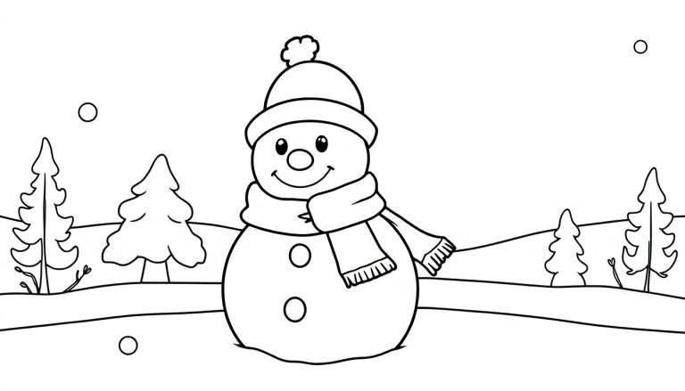 Un bonhomme de neige souriant avec un chapeau, une écharpe et des boutons sur son corps, dans un paysage d'hiver avec des arbres et des collines. Le dessin est en noir et blanc, comme un coloriage. Un color panel.