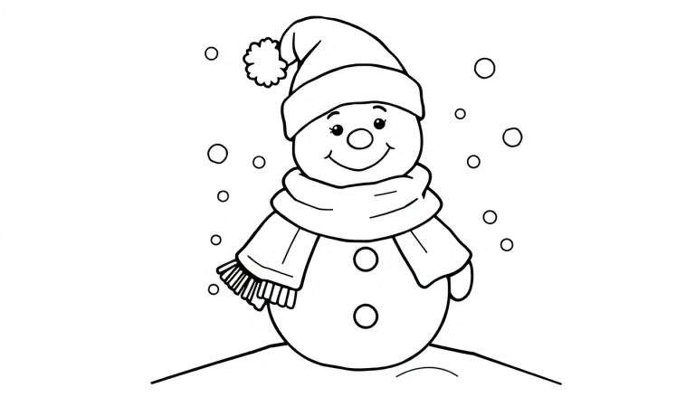 Bonhomme de neige joyeux avec un chapeau et une écharpe, prêt à être coloré.