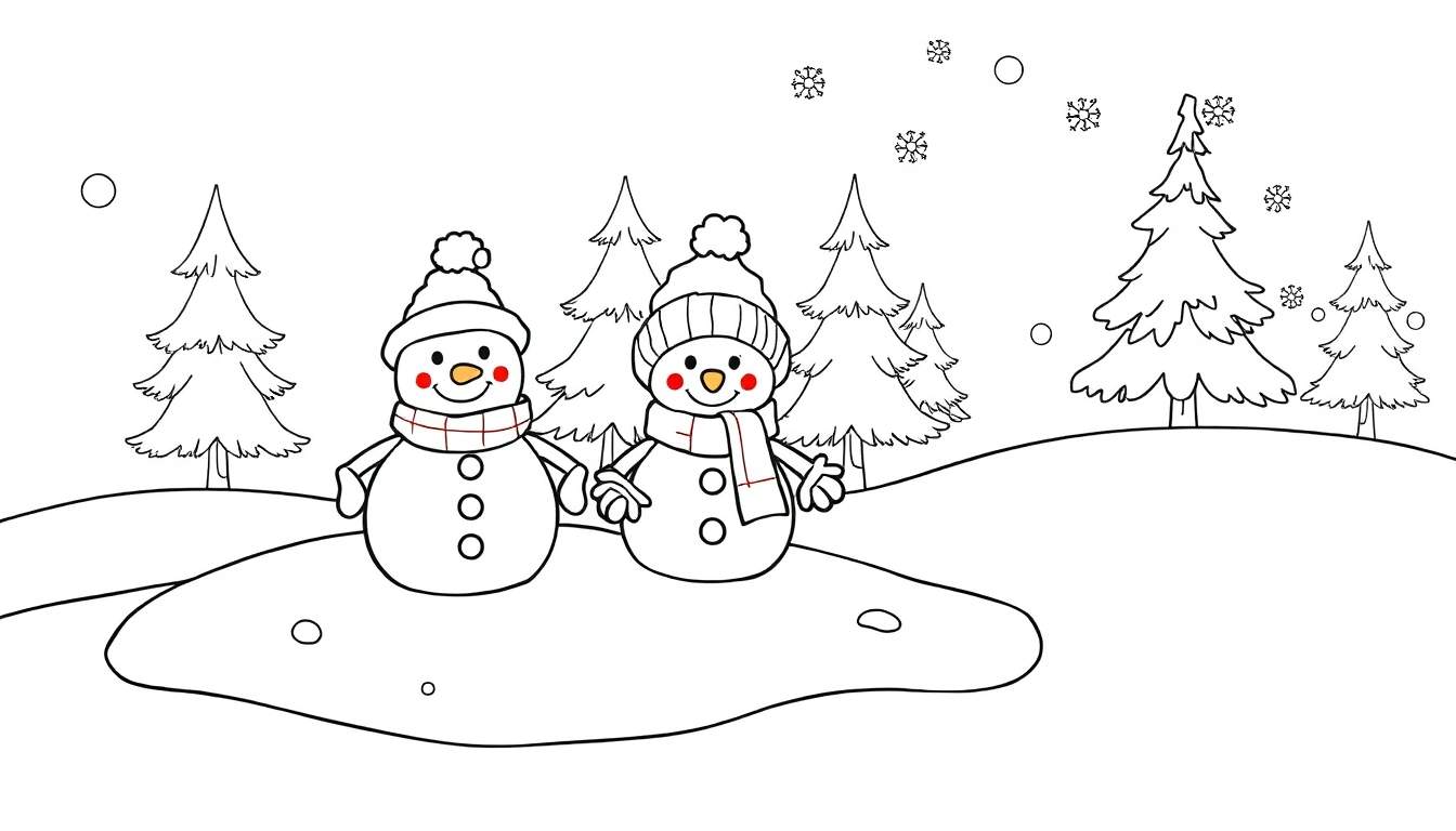 Deux bonhommes de neige souriants dans un paysage hivernal avec des flocons de neige tombant, un color panel pour s'amuser.