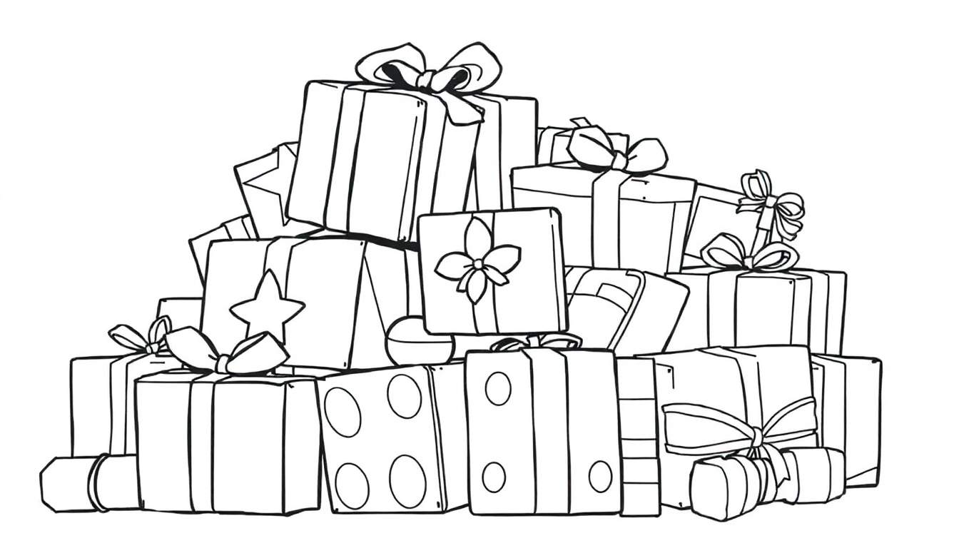 Dessin au trait d'une pile de cadeaux emballés, certains avec des motifs de color panel.
