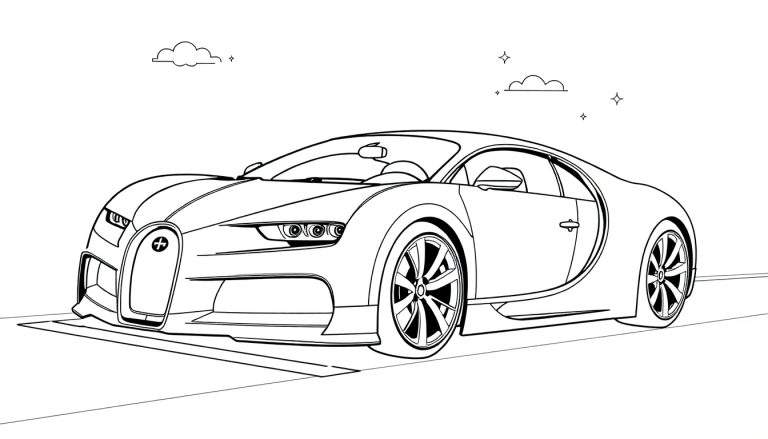 Dessin au trait d'une Bugatti Chiron prête à être colorisée.