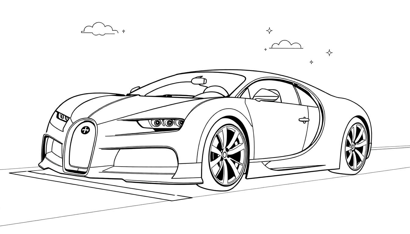 Dessin au trait d'une Bugatti Chiron prête à être colorisée.