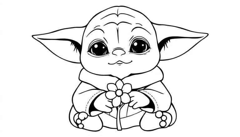 Dessin au trait de Bébé Yoda tenant une fleur, style dessin animé, en noir et blanc pour coloriage.
