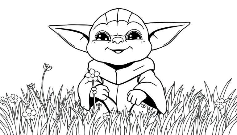 Dessin au trait noir et blanc d'un personnage bébé Yoda souriant tenant une fleur dans un champ.