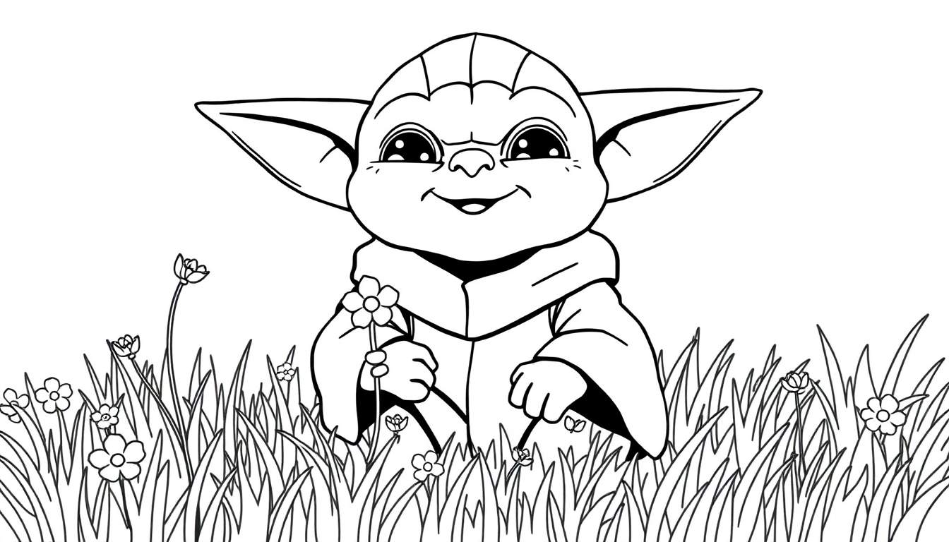 Dessin au trait noir et blanc d'un personnage bébé Yoda souriant tenant une fleur dans un champ.