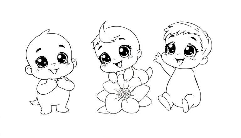 Panneau coloré de trois bébés mignons de style dessin animé en noir et blanc, prêts à être coloriés.