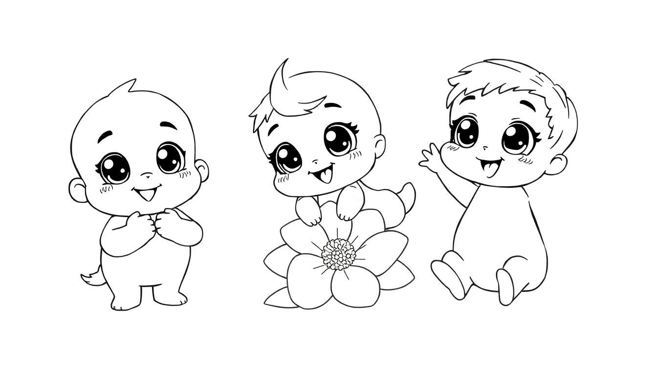 Panneau coloré de trois bébés mignons de style dessin animé en noir et blanc, prêts à être coloriés.
