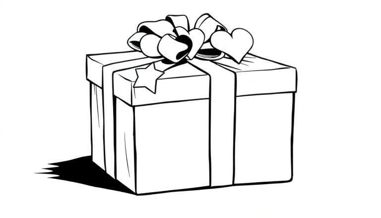 Dessin au trait d'un cadeau de fête des pères avec un nœud orné de cœurs et d'une étoile. Un color panel serait magnifique sur ce cadeau !