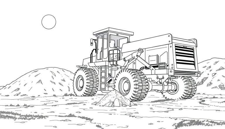 Un camion minier noir et blanc avec de gros pneus et un grand lit plat, sur un terrain accidenté avec un ciel clair.