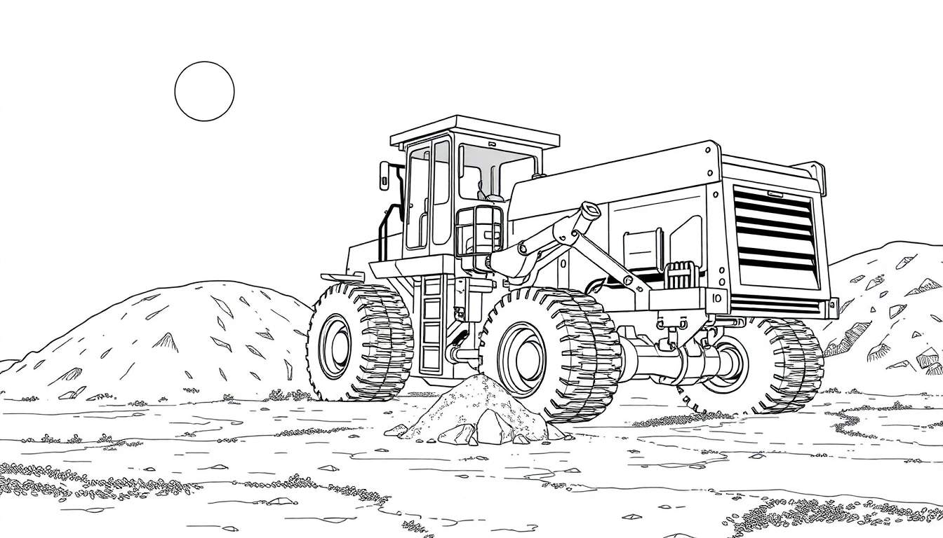 Un camion minier noir et blanc avec de gros pneus et un grand lit plat, sur un terrain accidenté avec un ciel clair.