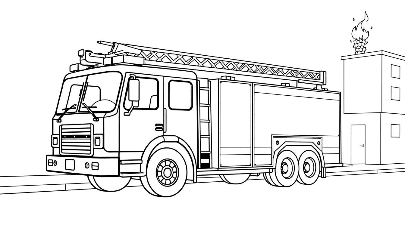 Un dessin au trait d'un camion de pompiers devant un immeuble en feu.