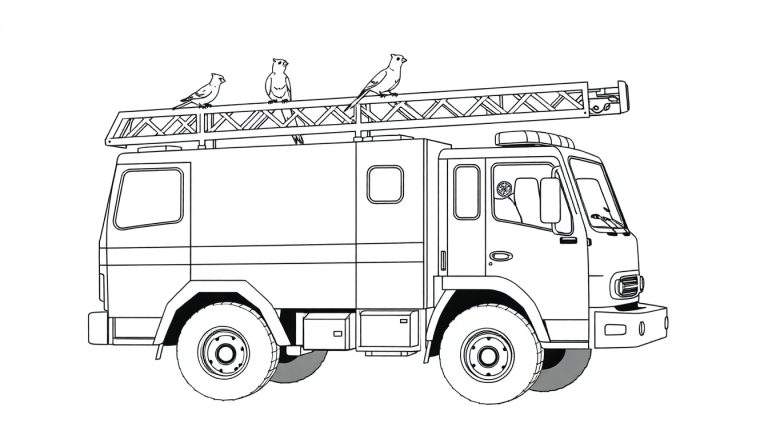Dessin au trait d'un camion de pompiers avec trois oiseaux sur l'échelle, un color panel prêt à l'action.