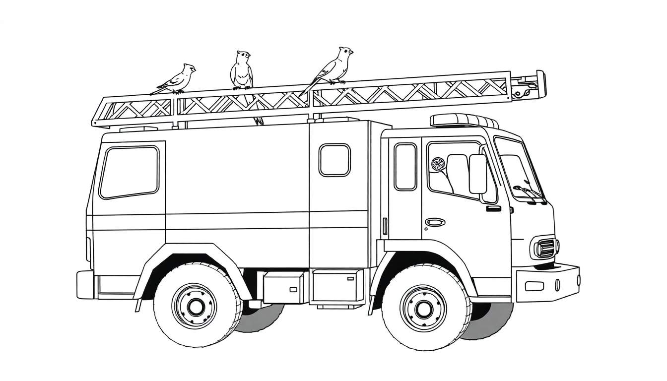 Dessin au trait d'un camion de pompiers avec trois oiseaux sur l'échelle, un color panel prêt à l'action.