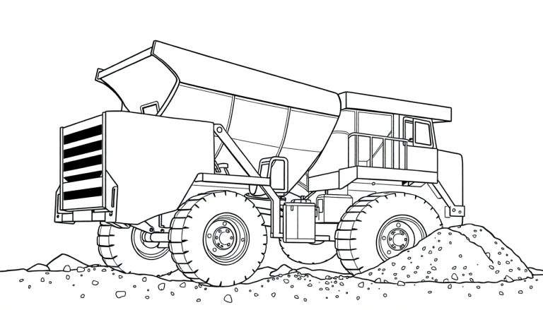 Dessin au trait d'un camion de chantier jaune avec sa benne levée, stationné sur un terrain rocailleux.