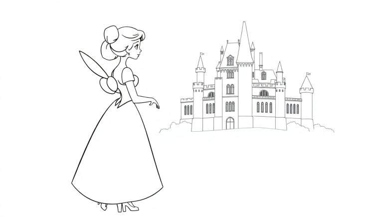 Jeune femme de dessin animé devant un château, style livre de coloriage.