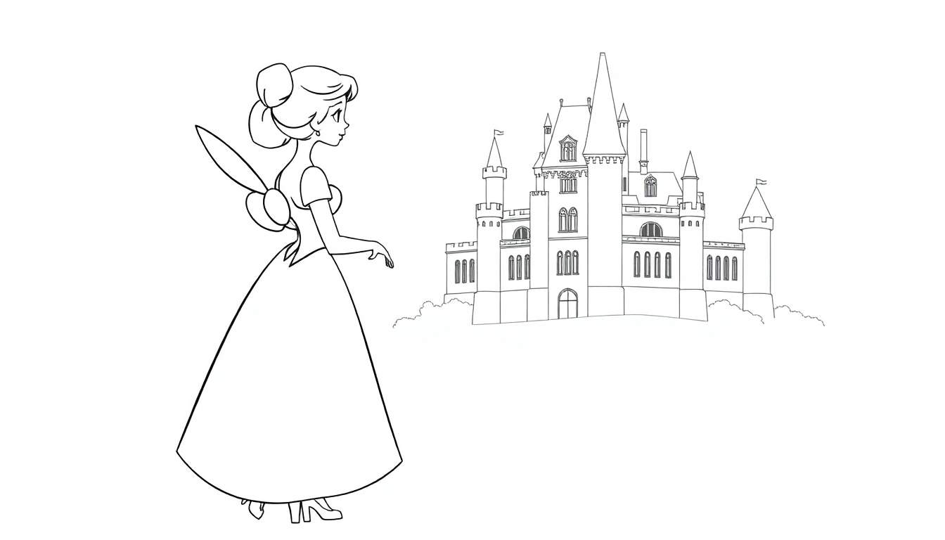 Jeune femme de dessin animé devant un château, style livre de coloriage.