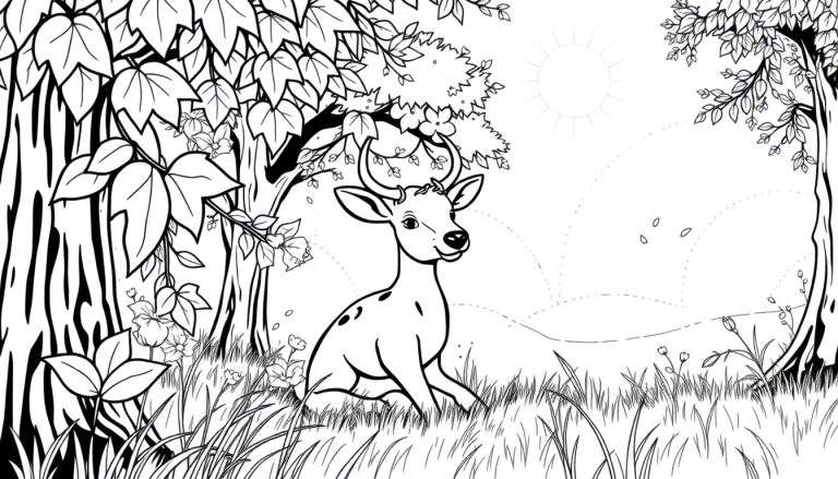 Un dessin au trait noir et blanc d'un jeune cerf dans une forêt.