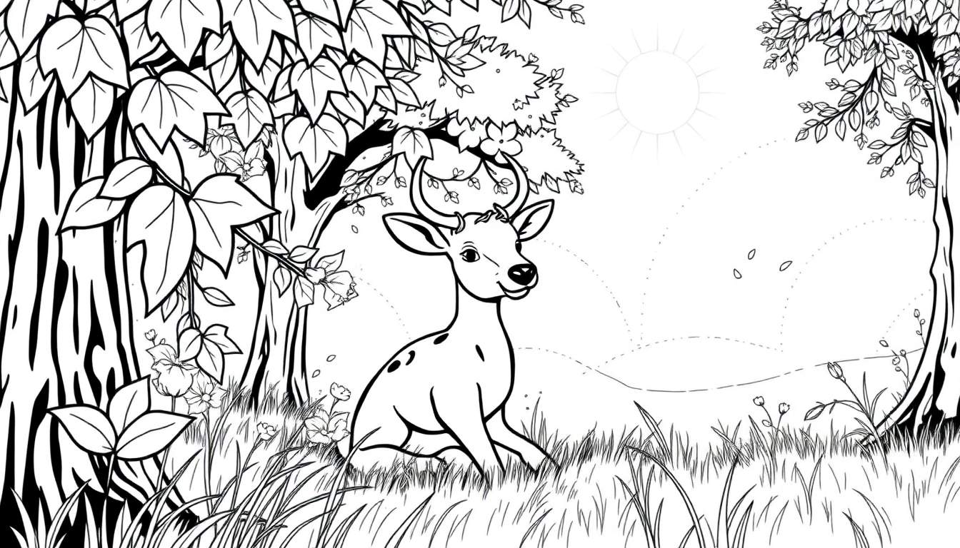 Un dessin au trait noir et blanc d'un jeune cerf dans une forêt.