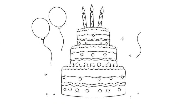 Un gâteau d'anniversaire noir et blanc à trois étages avec trois bougies, entouré de ballons et de confettis, prêt à être colorié.