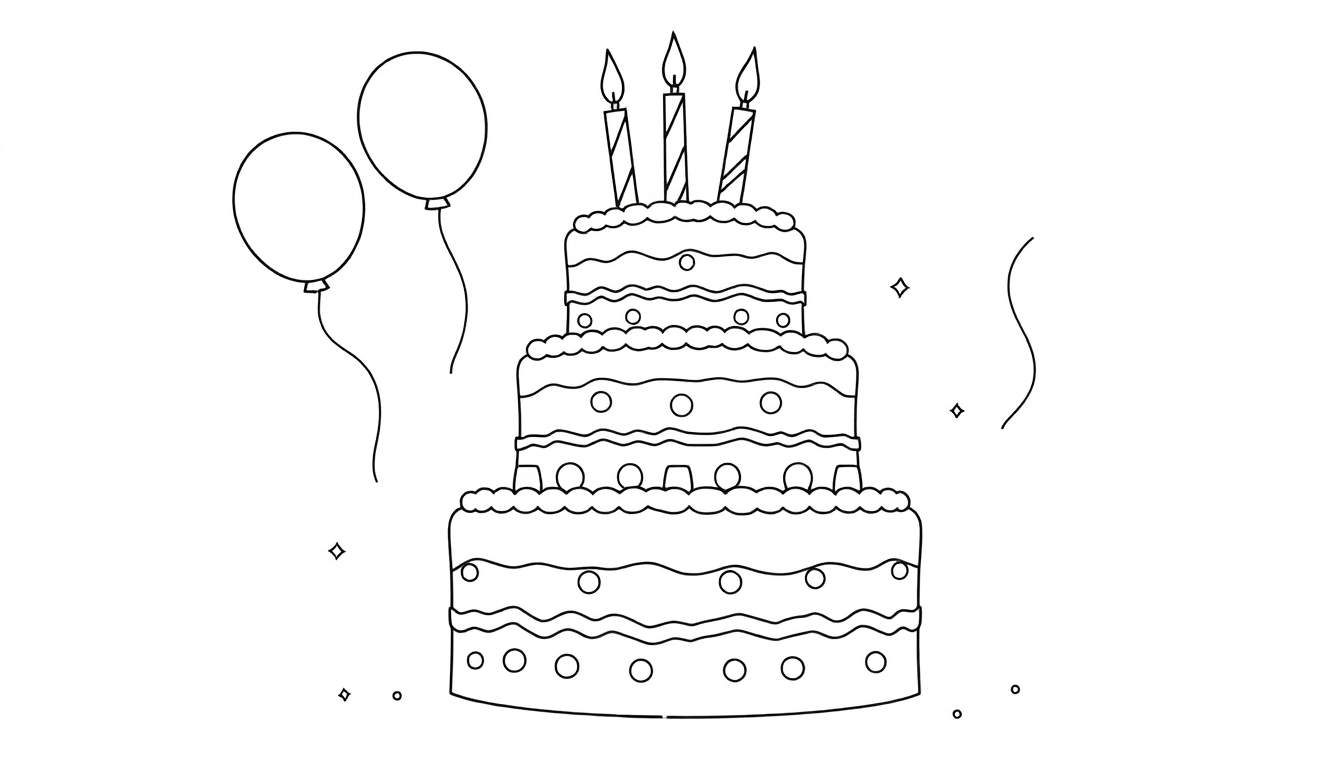 Un gâteau d'anniversaire noir et blanc à trois étages avec trois bougies, entouré de ballons et de confettis, prêt à être colorié.