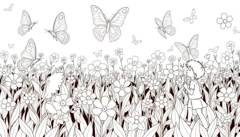 Dessin au trait d'un enfant regardant des papillons dans un champ de fleurs, avec un color panel.