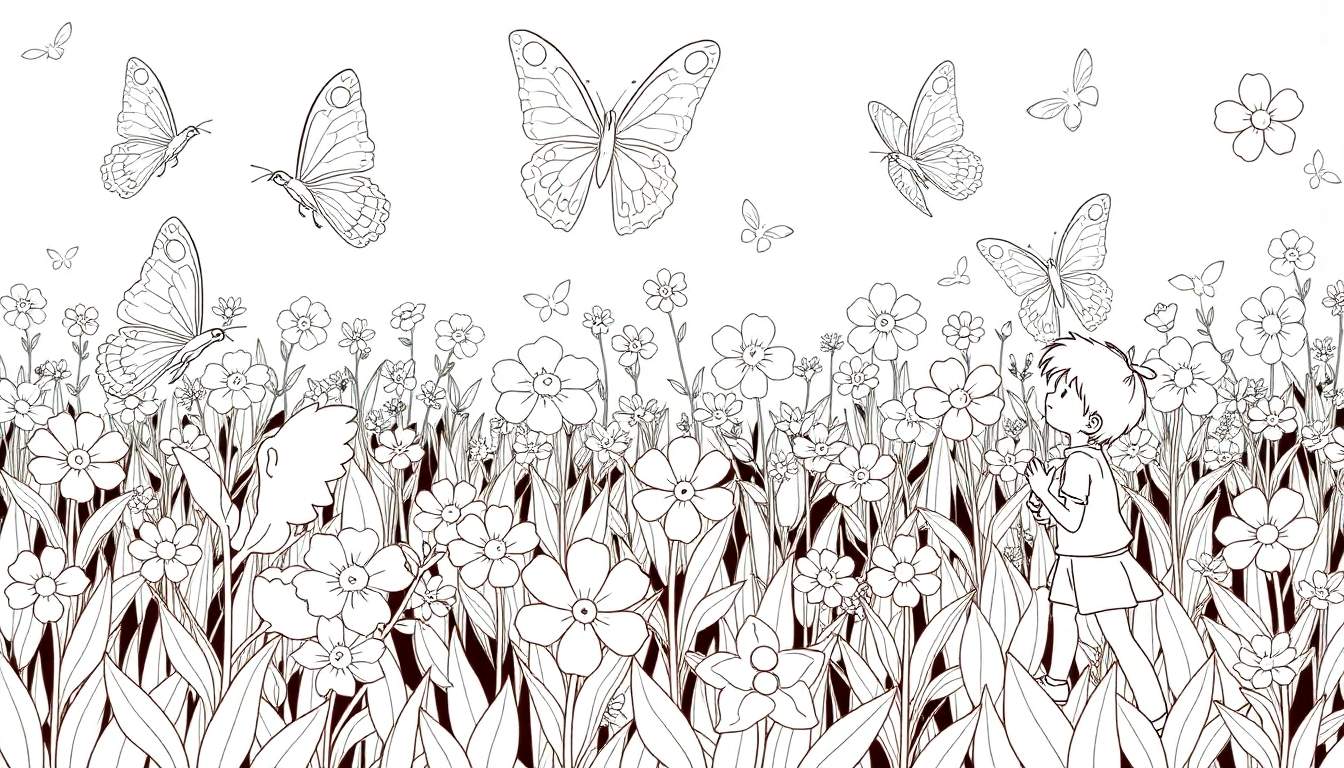 Dessin au trait d'un enfant regardant des papillons dans un champ de fleurs, avec un color panel.