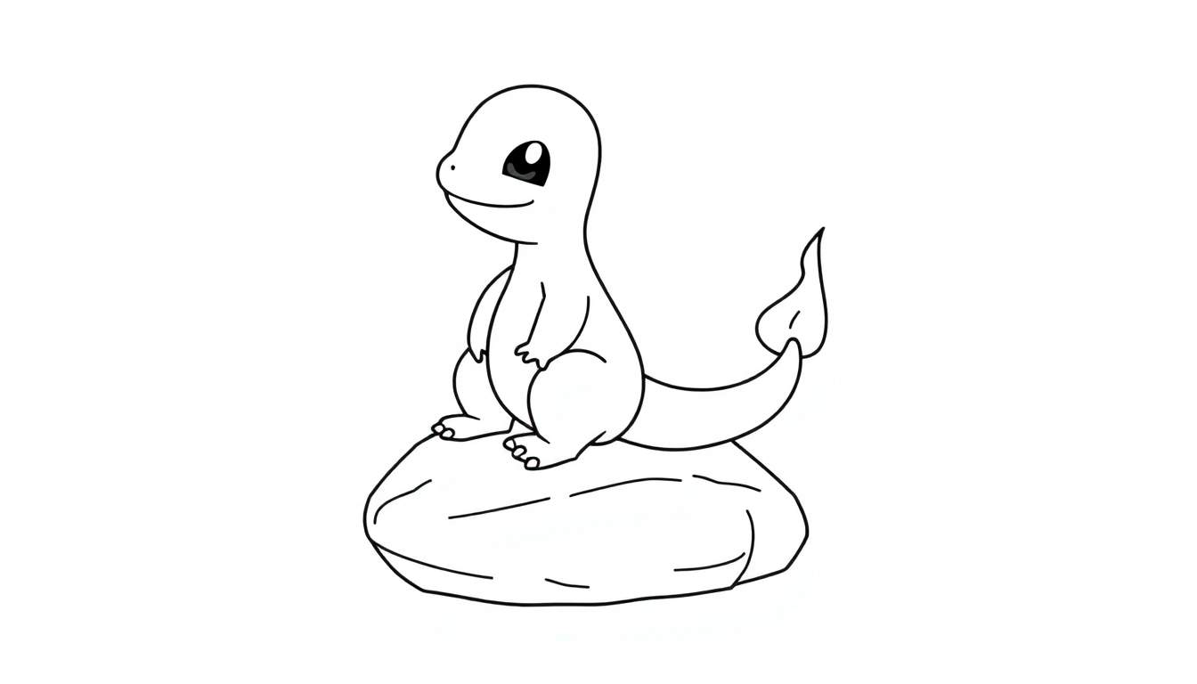Une image en noir et blanc d'un Charmander cartoon de Pokémon sur une roche, une couleur plate.
