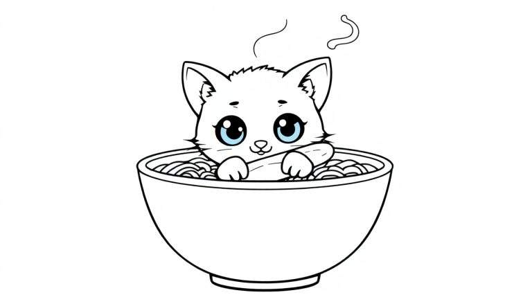 Dessin au trait d'un chaton kawaii dans un bol de ramen fumant, tenant une baguette, avec un panneau de couleurs.