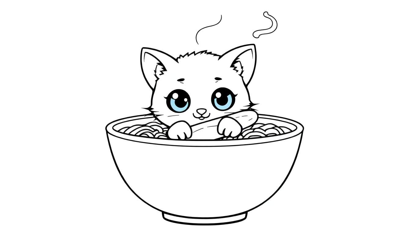 Dessin au trait d'un chaton kawaii dans un bol de ramen fumant, tenant une baguette, avec un panneau de couleurs.