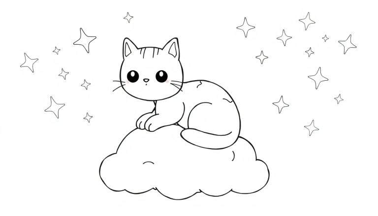 Dessin au trait noir et blanc d'un chat kawaii endormi sur un nuage, entouré d'étoiles scintillantes, style color panel.