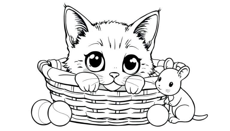 Dessin au trait d'un chaton mignon dans un panier avec une souris et des balles, prêt pour le color panel.