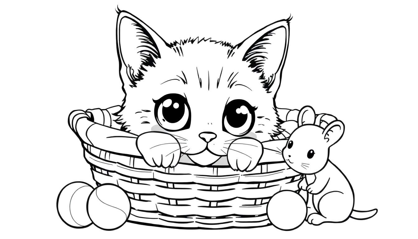 Dessin au trait d'un chaton mignon dans un panier avec une souris et des balles, prêt pour le color panel.