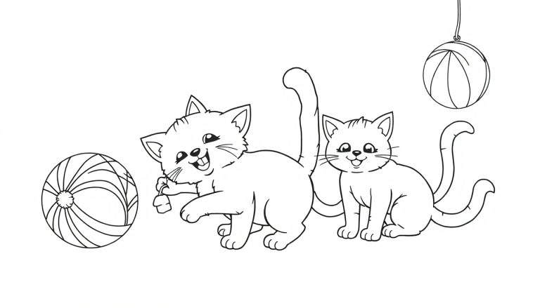 Deux chatons dessinés jouent avec des boules de laine dans un color panel.
