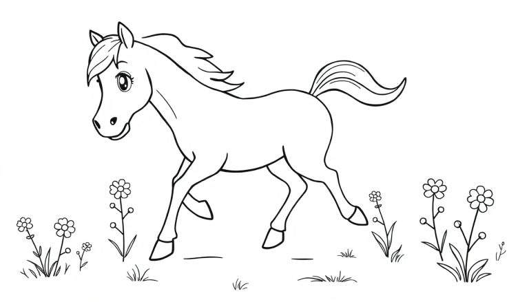Dessin au trait d'un cheval galopant dans un champ de fleurs, style page de coloriage, color panel.