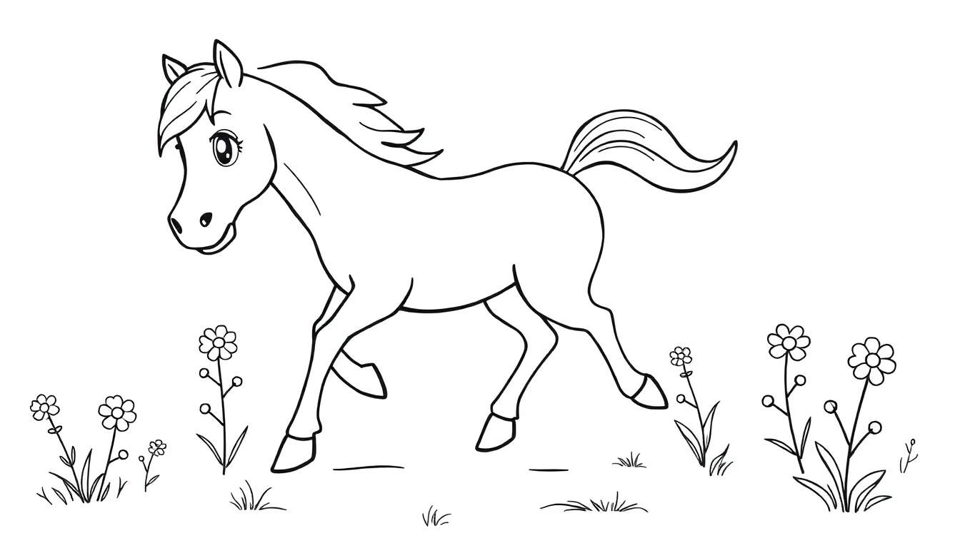 Dessin au trait d'un cheval galopant dans un champ de fleurs, style page de coloriage, color panel.