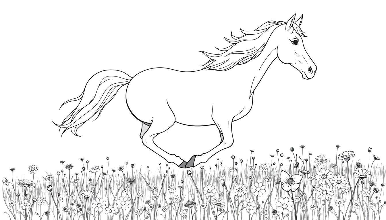 Dessin au trait d'un cheval blanc galopant dans un champ de fleurs colorées.