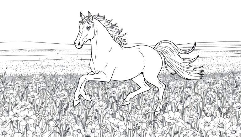 Cheval galopant dans un pré fleuri, style dessin au trait pour color panel.