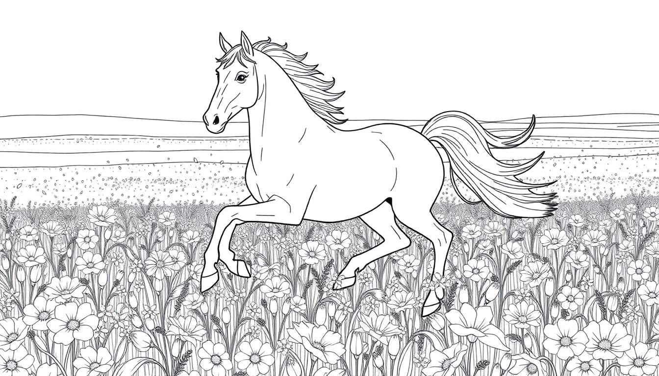 Cheval galopant dans un pré fleuri, style dessin au trait pour color panel.