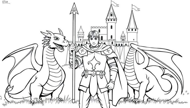 Un dessin de coloriage d'un chevalier avec une lance, flanqué de deux dragons, devant un château.
