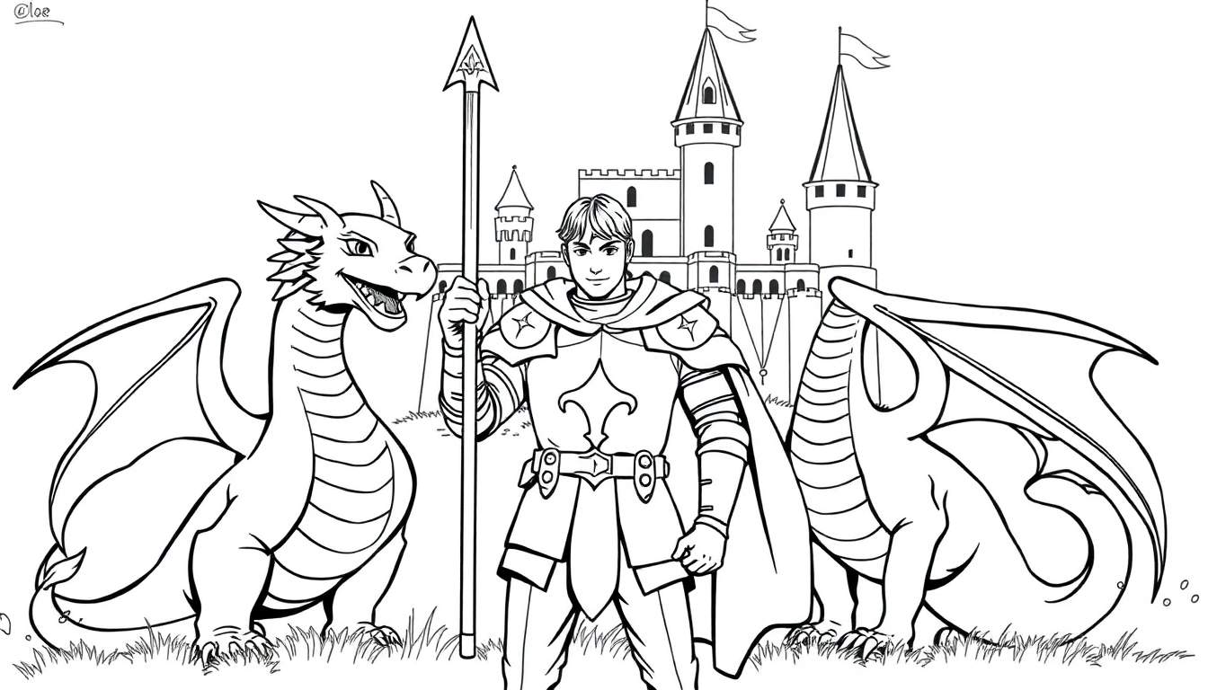 Un dessin de coloriage d'un chevalier avec une lance, flanqué de deux dragons, devant un château.