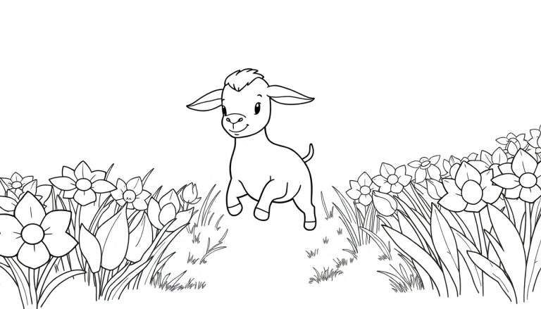 Un dessin au trait d'un petit chevreau joyeux dans un pré fleuri de jonquilles, parfait pour un color panel.