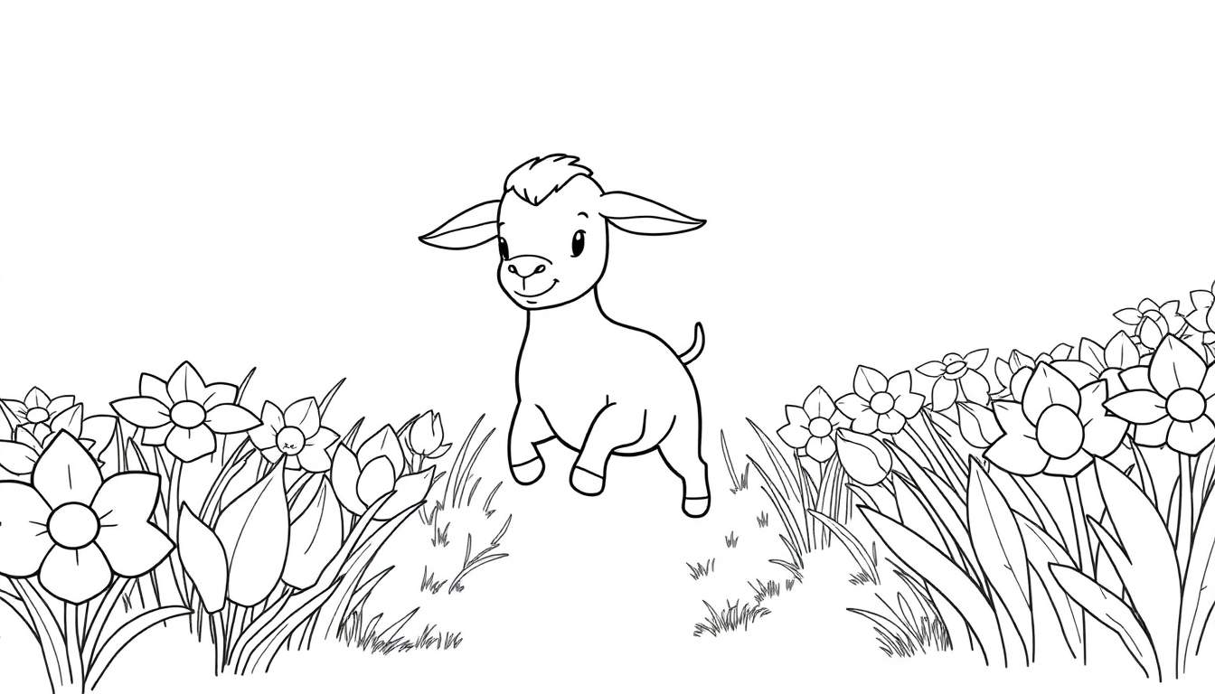 Un dessin au trait d'un petit chevreau joyeux dans un pré fleuri de jonquilles, parfait pour un color panel.