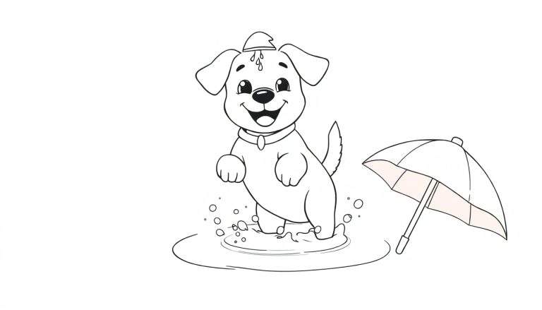 Un dessin au trait d'un petit chien mignon souriant jouant dans une flaque d'eau sous la pluie, portant un petit chapeau. Un parapluie est tombé à côté. Conçu pour le color panel.