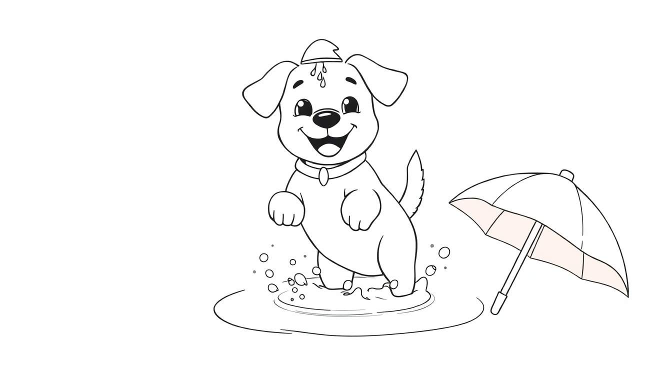 Un dessin au trait d'un petit chien mignon souriant jouant dans une flaque d'eau sous la pluie, portant un petit chapeau. Un parapluie est tombé à côté. Conçu pour le color panel.