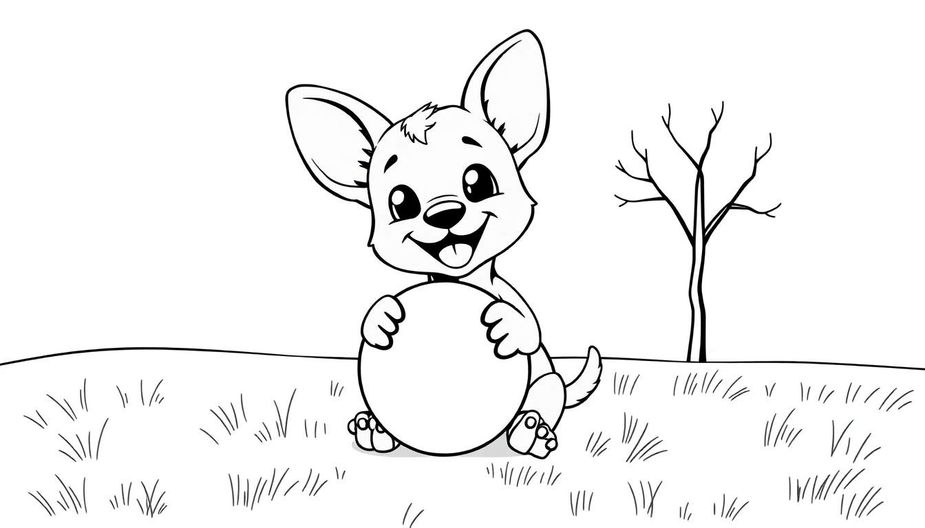 Un chiot mignon en dessin au trait noir et blanc assis dans l'herbe, tenant un ballon, prêt pour un color panel.