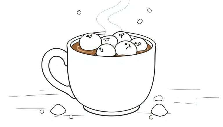 Un dessin au trait d'une tasse de chocolat chaud avec des guimauves souriantes flottant dessus, dans un color panel réconfortant.