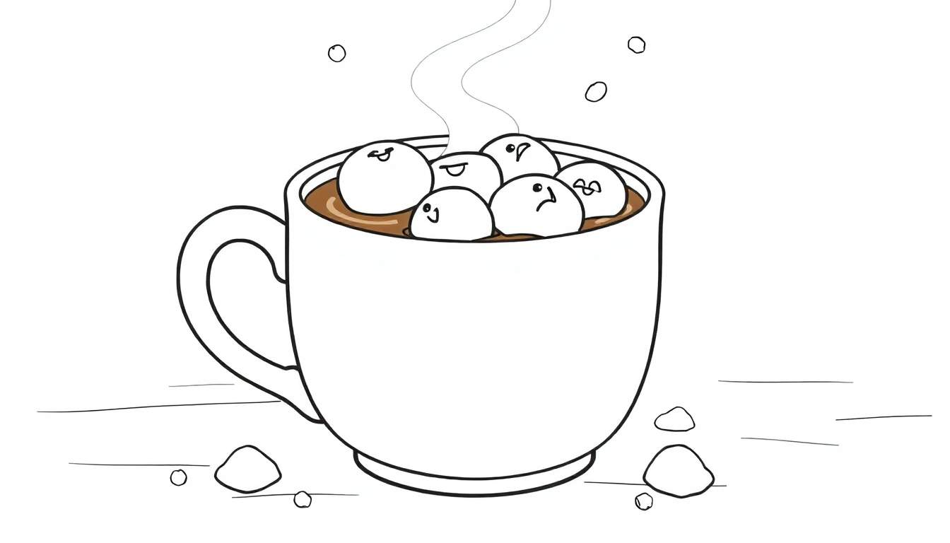 Un dessin au trait d'une tasse de chocolat chaud avec des guimauves souriantes flottant dessus, dans un color panel réconfortant.