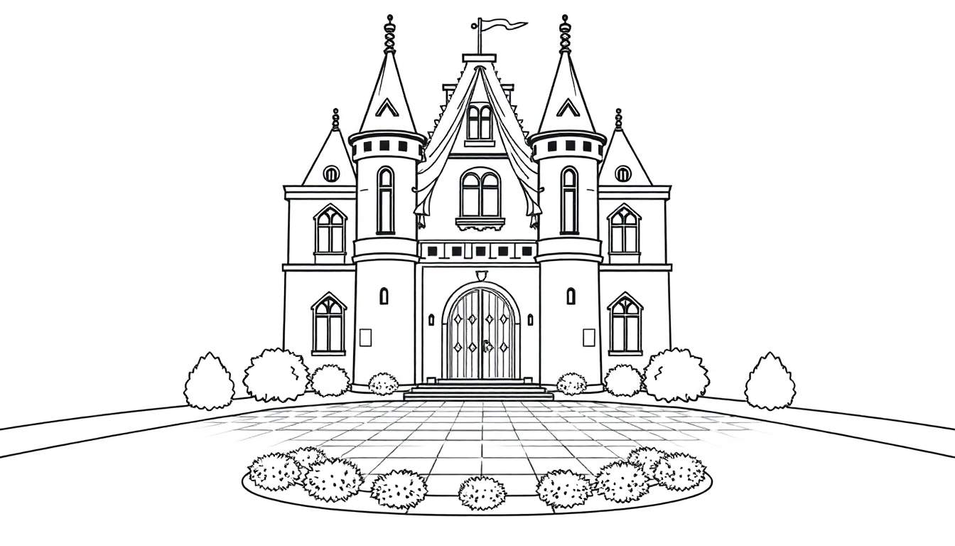 Un dessin au trait d'un château avec des tourelles, un drapeau et une cour pavée, prêt pour un color panel.