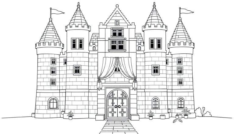 Un château de conte de fées à colorier avec des tours, des drapeaux et des fenêtres.